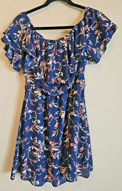 Tropical Blue Mini A-line Blue Floral Dress Size Medium, pockets, Spin